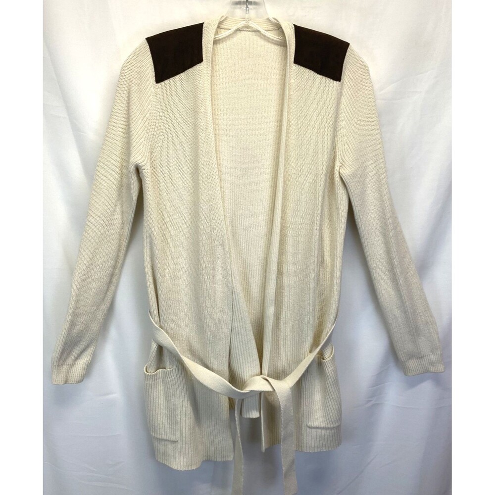 LAUREN RALPH LAUREN White Belted Cardigan Sweater M? Suede Shoulder Patch 36"